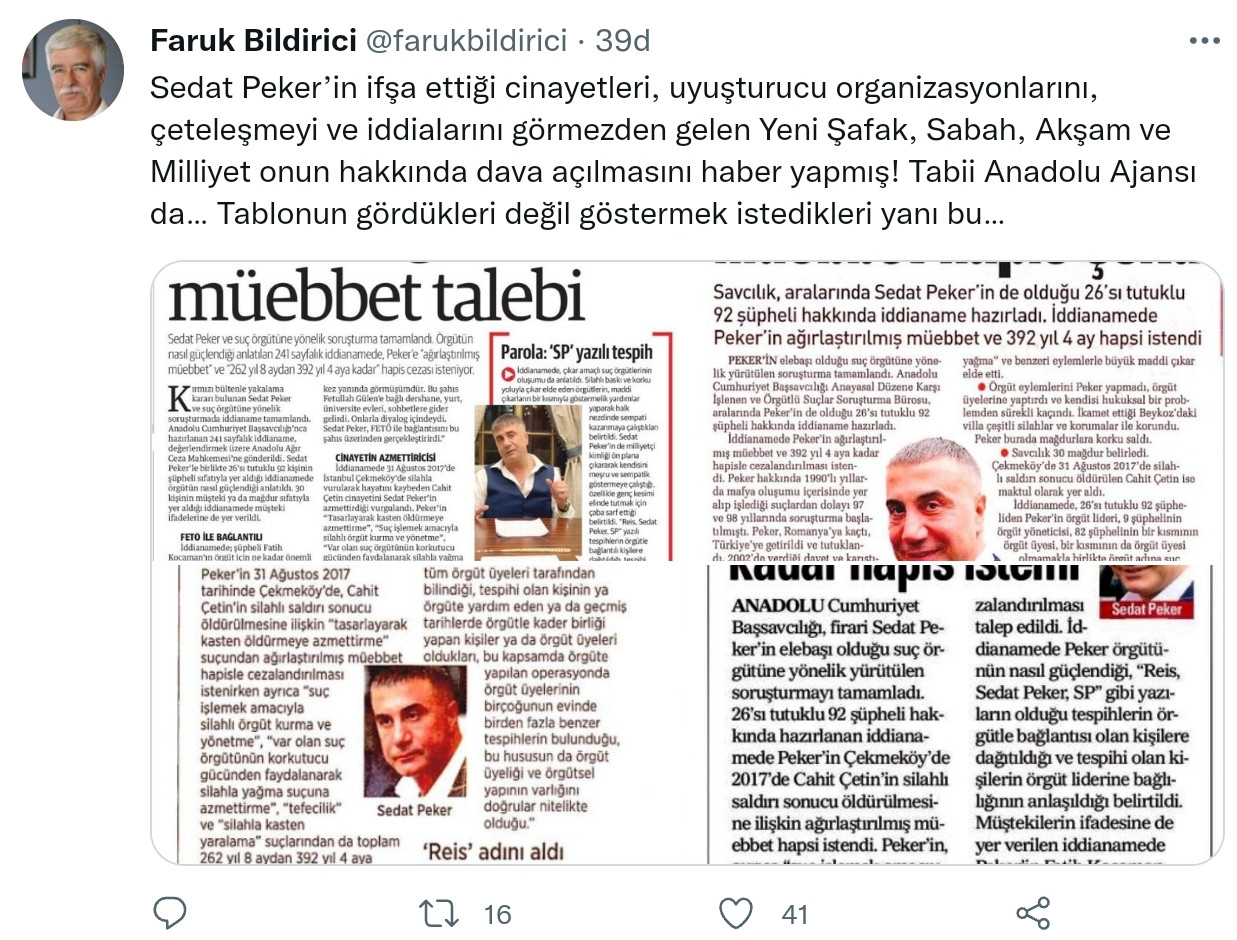 Bildirici: Peker'in İfşalarını Görmeyenler Dava Açılmasını Haber Yapmış