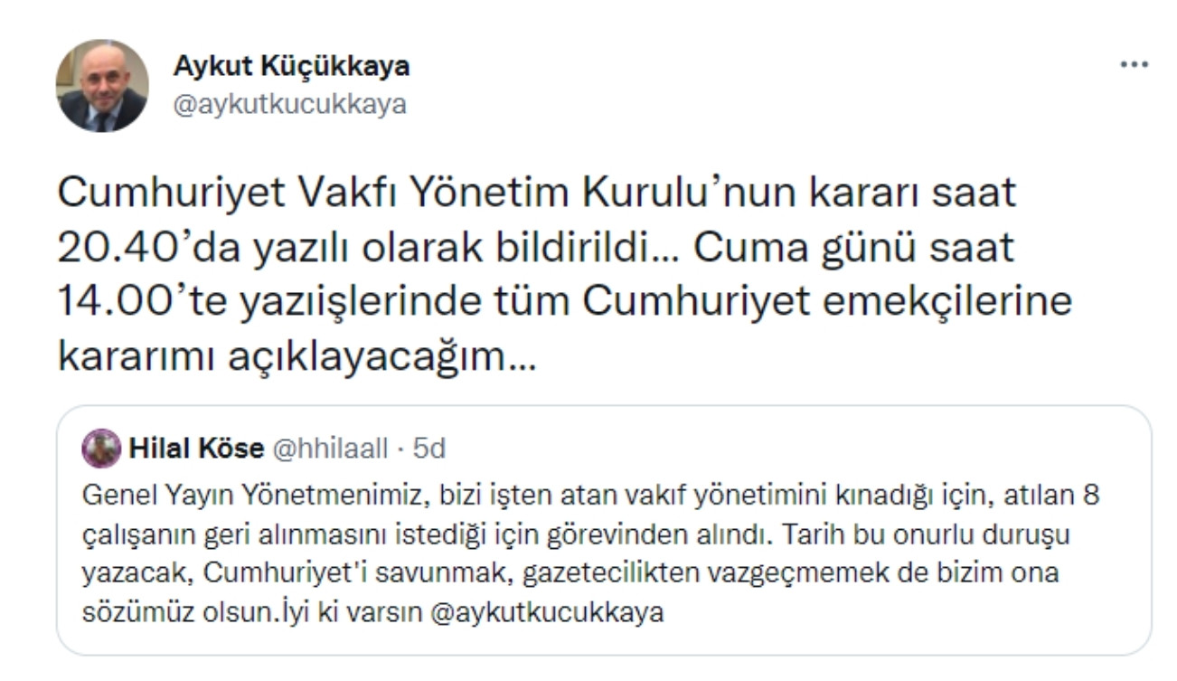 Cumhuriyet Gazetesinde Yönetim Değişikliği: Küçükkaya Görevinden Alındı - Resim: 1