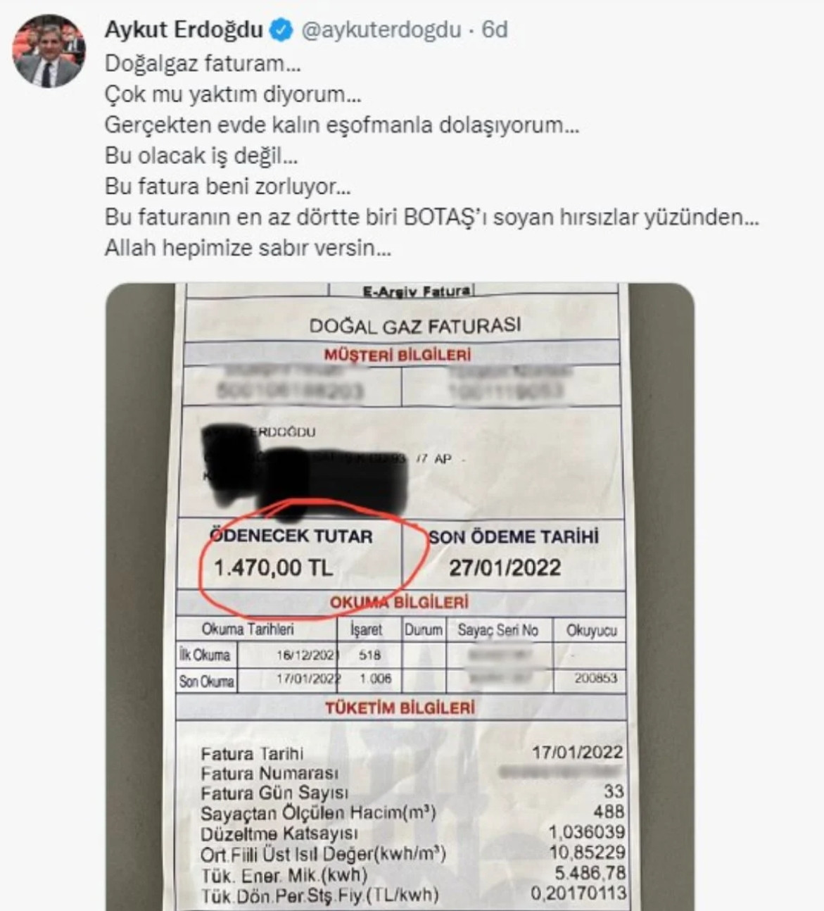 CHP'li Erdoğdu Doğalgaz Faturasını Paylaştı: Olacak İş Değil - Resim: 1