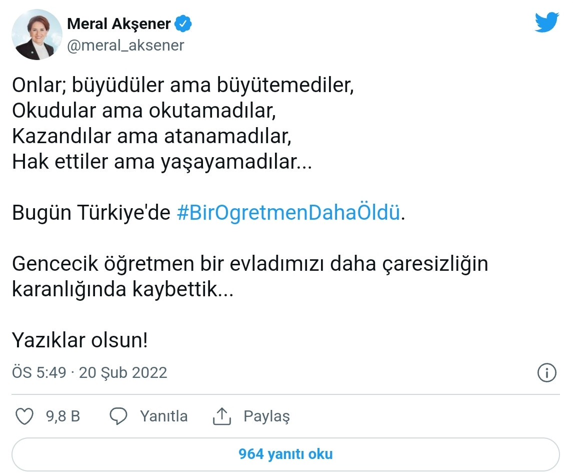 Bir Öğretmen Daha Atanamadığı için Canına Kıydı: Akşener'den Sitem - Resim: 1