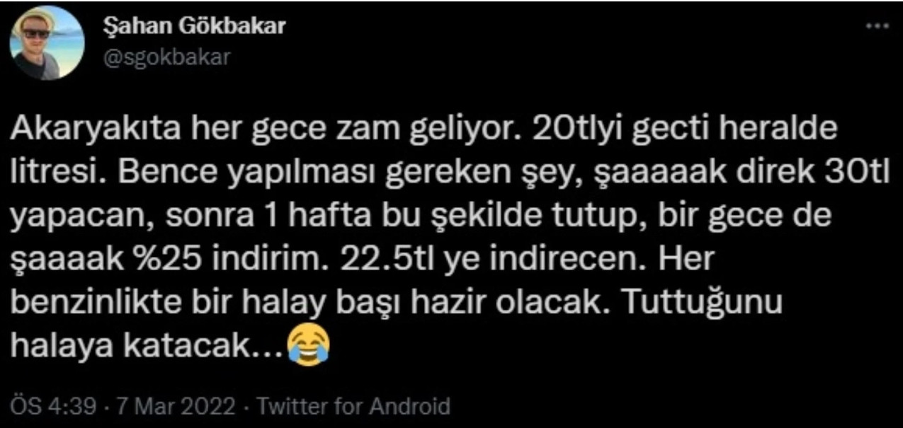 Şahan Gökbakar'dan Benzin Fiyatları Tepkisi: Şak 30 Lira, Şak %25 İndirim! - Resim: 1
