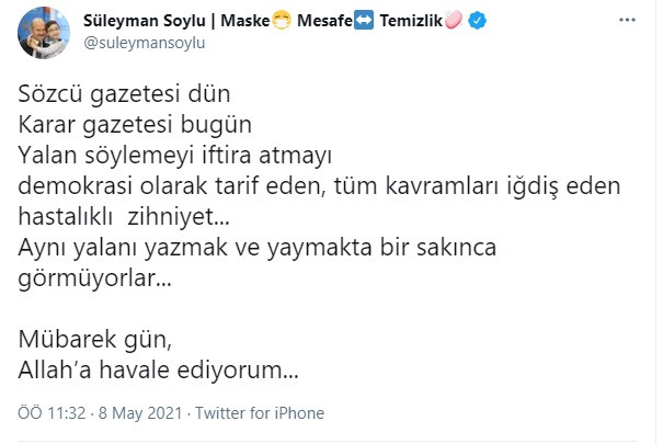 Süleyman Soylu Yine Gazeteleri Hedef Aldı: Şimdi de Karar ve Sözcü - Resim: 1