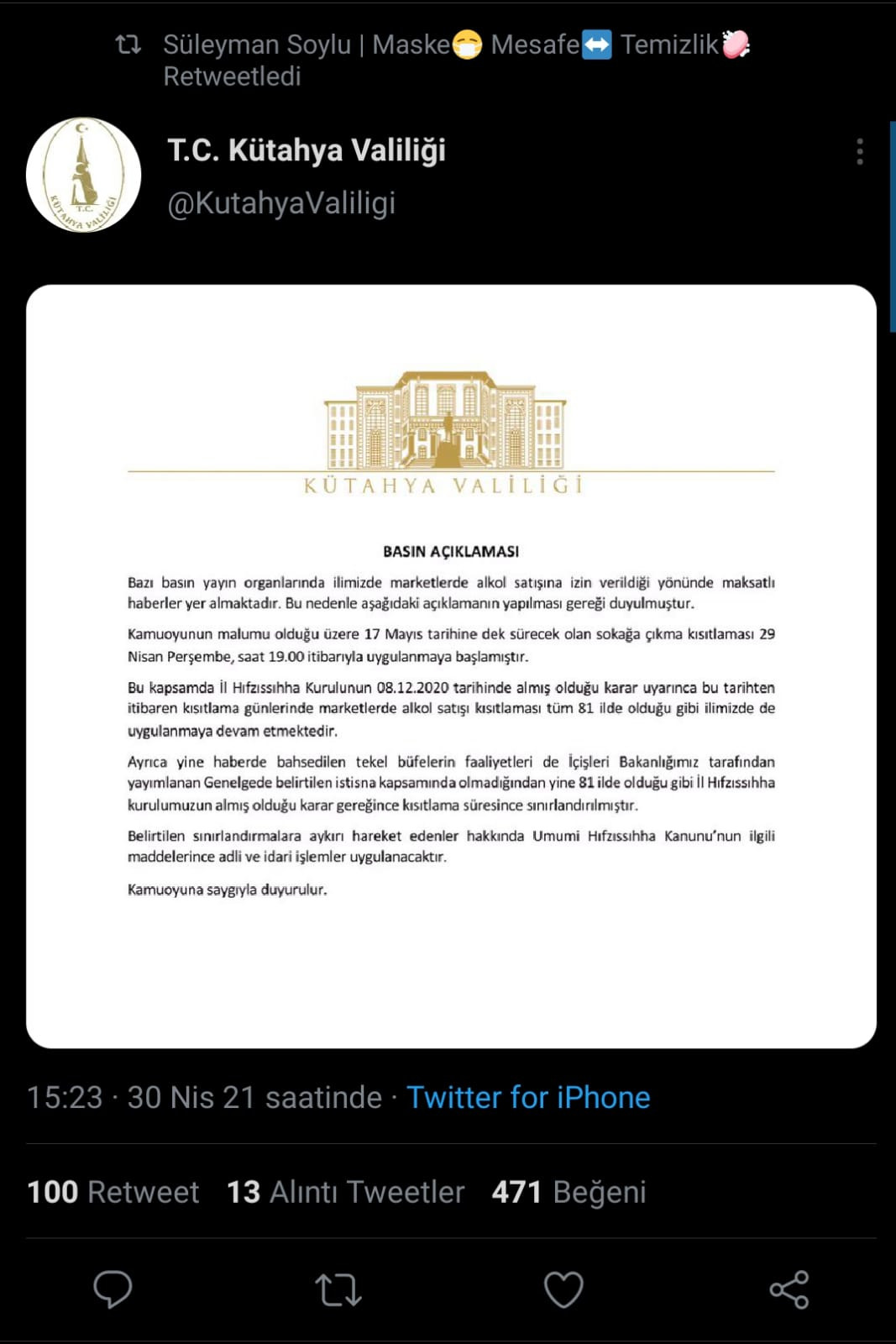 Alkol Yasağına İlişkin Resmi Açıklama Geldi: Soylu Retweetledi - Resim: 1