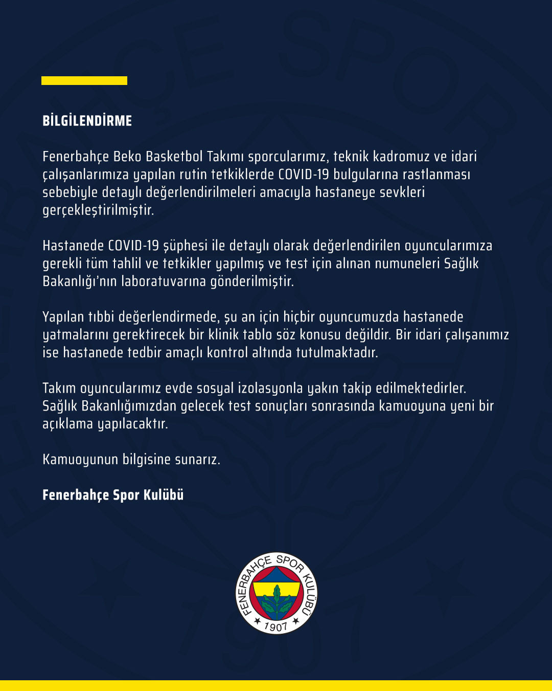 Fenerbahçe'den korona virüs açıklaması: Bir çalışanımız hastanede - Resim: 1