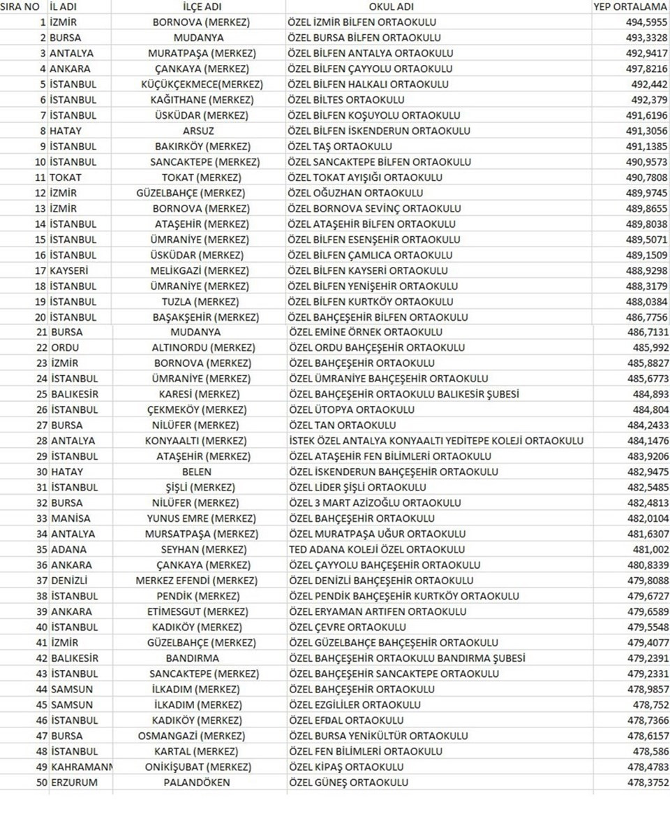 TEOG'da en başarılı 50 özel okul belirlendi - Resim: 1
