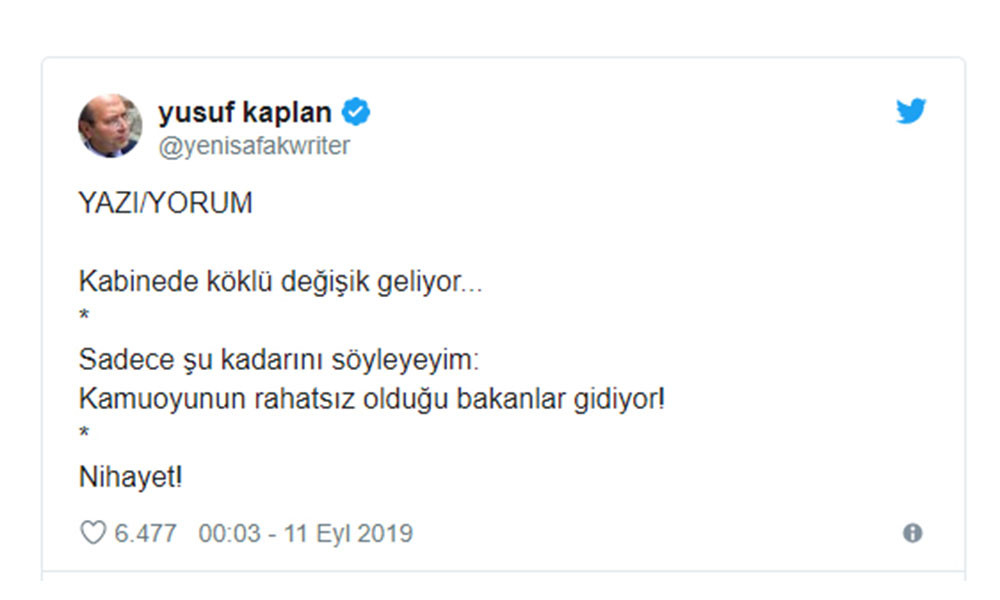 Yeni Şafak yazarı Yusuf Kaplan: Kamuoyunun rahatsız olduğu bakanlar gidiyor! - Resim: 1