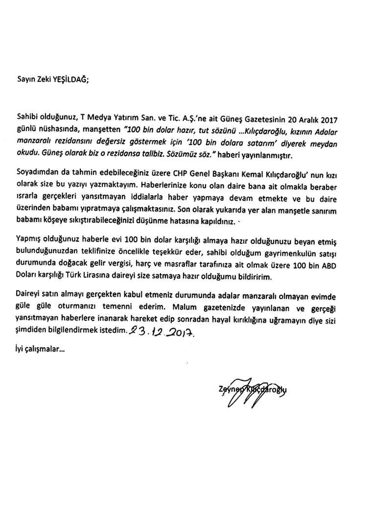 Zeynep Kılıçdaroğlu’ndan Güneş gazetesine mektup - Resim: 1